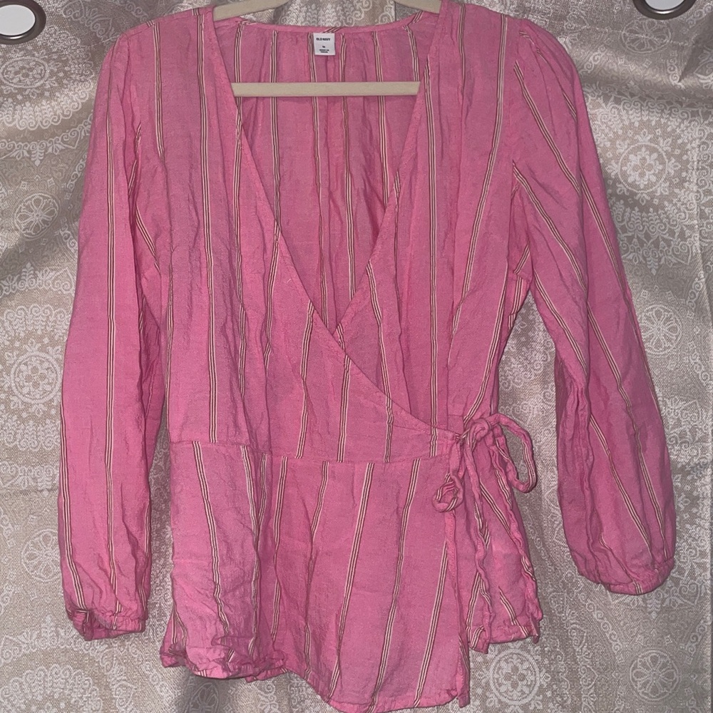 Pink Striped Wrap Long Sleeve Blouse Shirt
